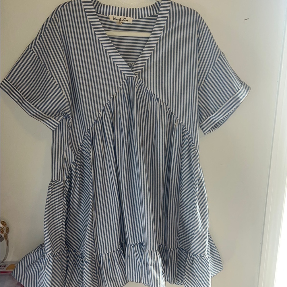 Preppy Babydoll Style Nautical Cotton Blue & White Striped Dress w/Ruffles
